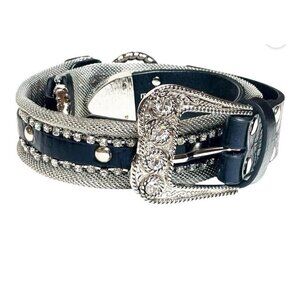 Christine Alexander Swarovski Leather Belt With Silver Buckle & Accents